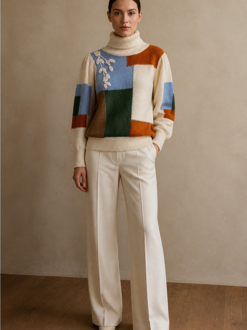 $Merci Patchwork Long Sleeve Turtleneck Embroidered Pullover Stretch Sweater L